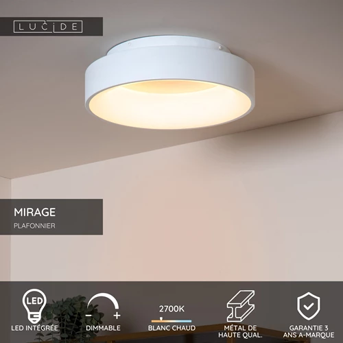 Lucide MIRAGE - Plafonnier - Ø 38 cm - LED Dim. - 1x22W 2700K - Blanc - USP